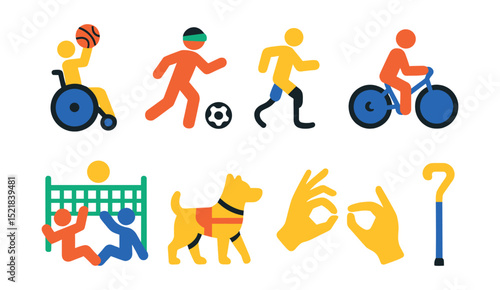 Flat vector icons of adaptive sports: wheelchair basketball, blind soccer, prosthetic running, adaptive cycling, seated volleyball, guide dog, sign language, assistive device.