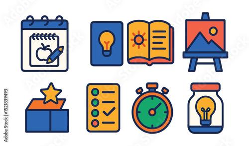 Flat vector icons of daily art habits: sketch-a-day calendar, daily prompt card, morning journal, evening painting, inspiration box, daily goal tracker, routine timer, idea jar.