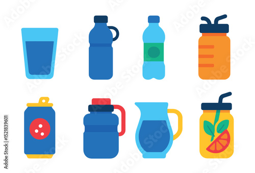 Flat vector icons of water and hydration: glass of water, reusable water bottle, mineral water bottle, hydration tracker bottle, sparkling water can, sports water jug, water pitcher, infused water