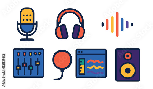 Flat vector icons of music recording tools: studio microphone, headphones, mixing console, sound wave, pop filter, audio interface, DAW software, monitor speakers.