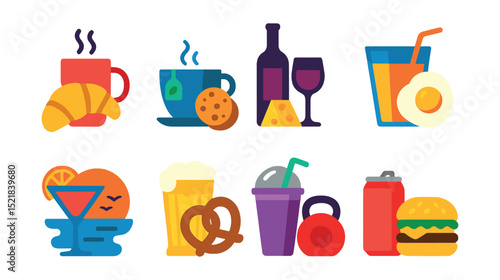 Flat vector icons of drink pairings and themes: coffee and croissant, tea and cookies, wine and cheese, juice and breakfast, cocktail and sunset, beer and pretzels, smoothie and gym gear, soda and