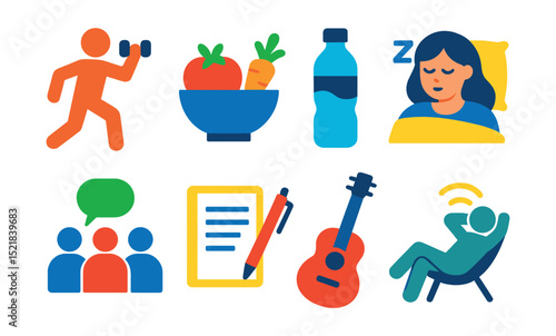Flat vector icons of healthy habits for stress: exercise, healthy meal, water bottle, good sleep, socializing, journaling, hobby, relaxation.