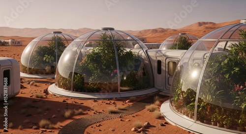 Fototapeta Naklejka Na Ścianę i Meble -  Domes with green plants on a red planet surface. Martian colony research station for space exploration base. Futuristic habitat architecture concept.