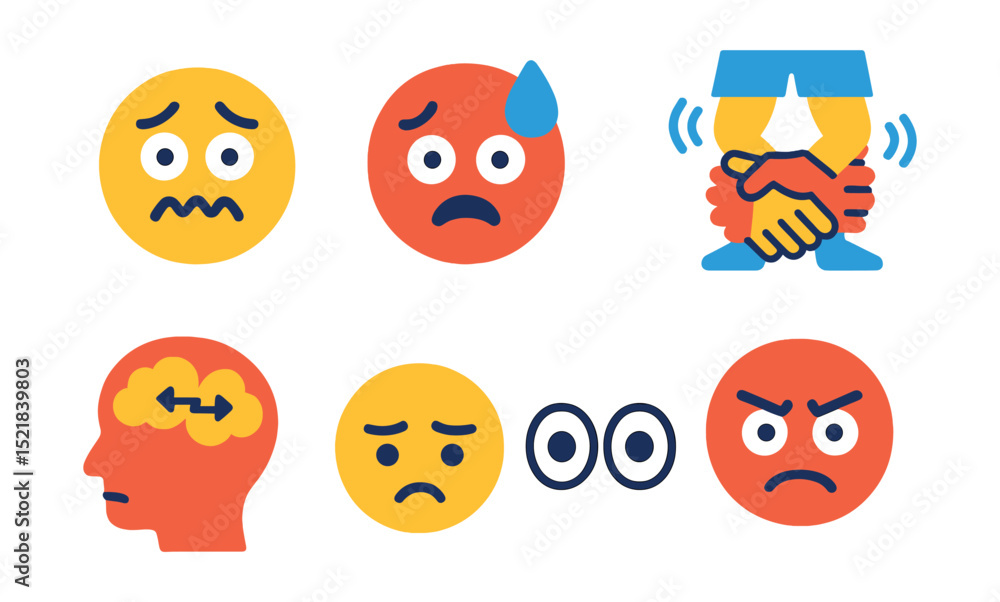 Flat vector icons of anxious feelings: nervous face, sweating, shaking hands, restless legs, racing thoughts, frowning, worried eyes, clenched jaw. Flat vector icons of anxious feelings: nervous face, sweating, shaking hands, restless legs, racing thoughts, frowning, worried eyes, clenched jaw.