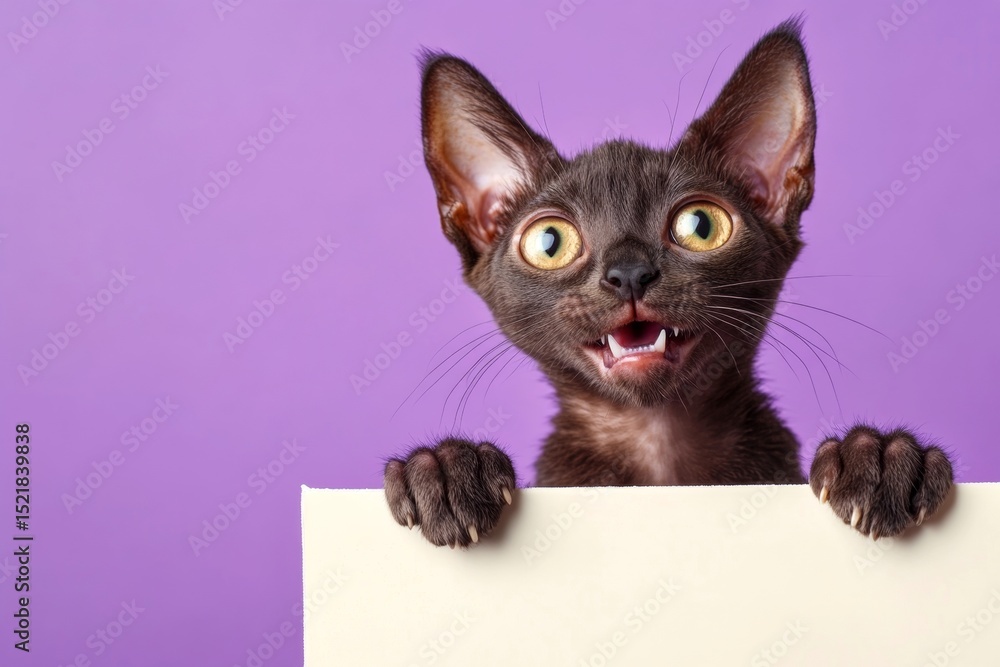 Mockup pose in studio. Cat sign background. Isolated cat on a solid clothing purple background. Сute adult cat lykoi hold in front paws a layout - large white lane sign. Animal in clean moc. Mockup pose in studio. Cat sign background. Isolated cat on a solid clothing purple background. Сute adult cat lykoi hold in front paws a layout - large white lane sign. Animal in clean moc.