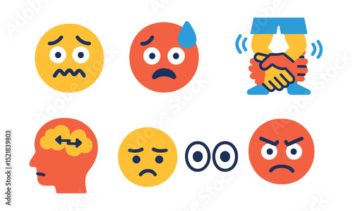 Flat vector icons of anxious feelings: nervous face, sweating, shaking hands, restless legs, racing thoughts, frowning, worried eyes, clenched jaw.