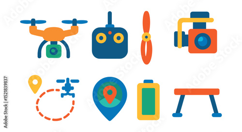 Flat vector icons of drone photography: drone, remote control, propeller, camera gimbal, flight path, GPS, battery, landing gear.