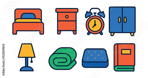 Flat vector icons of bedroom items: bed, nightstand, alarm clock, wardrobe, table lamp, blanket, mattress, bedside book.