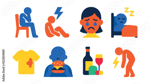 Flat vector icons of depressive behaviors: withdrawal, lack of energy, neglect, crying, insomnia, overeating, substance use, fatigue.