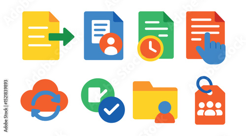 Flat vector icons of file sharing and collaboration: file transfer arrow, shared doc icon, version history clock, real-time editing hand, sync cloud symbol, approval check, collaborative folder,