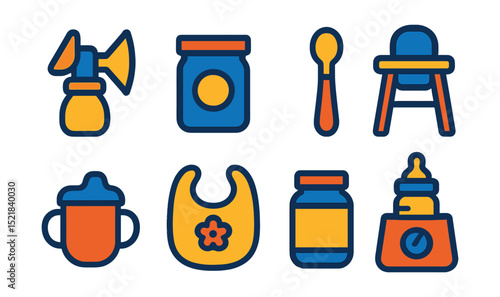 Flat vector icons of baby feeding tools: breast pump, formula container, baby food jar, baby spoon, high chair, sippy cup, feeding bib, bottle warmer.