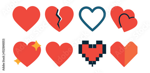 Flat vector icons of hearts and love shapes: classic heart, broken heart, heart outline, double hearts, sparkling heart, tilted heart, pixel heart, folded paper heart.