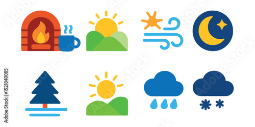 Flat vector icons of seasonal mood and atmosphere: cozy evening, fresh morning, breezy afternoon, crisp night, foggy silence, sunny joy, rainy calm, snowy wonder.