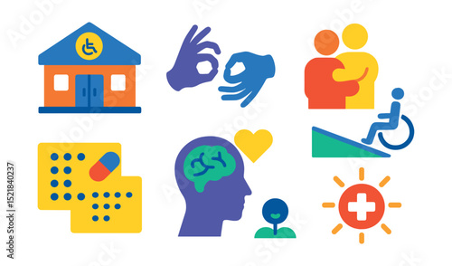 Flat vector icons of inclusive healthcare: accessible clinic, sign language interpreter, patient support, wheelchair ramp, braille prescriptions, mental health support, caregiver, medical alert.