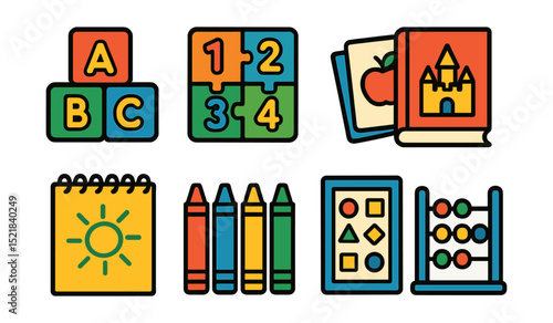 Flat vector icons of early learning items: ABC blocks, numbers puzzle, flashcards, storybook, drawing pad, crayons, educational chart, counting beads.