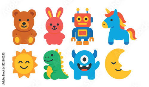 Flat vector icons of playful characters for kids: teddy bear, bunny plush, robot toy, unicorn figure, dinosaur plushie, smiling sun, friendly monster, bedtime moon face.
