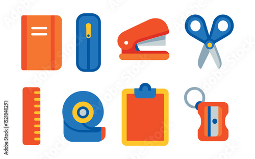 Flat vector icons of portable stationery items: pocket notebook, travel pen case, mini stapler, compact scissors, slim ruler, portable tape, foldable clipboard, keychain sharpener.