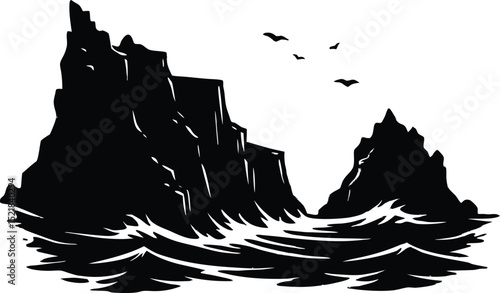 Silhouette of Coastal Cliffs Above Crashing Waves, Ocean Cliff Silhouette View