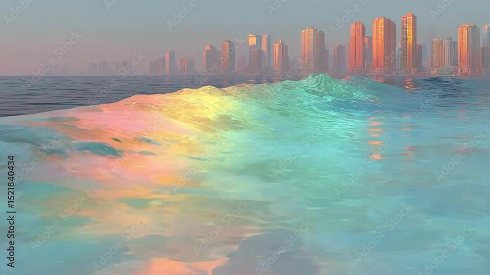 Abstract Ocean Wave with Cityscape Background, Captivating Visuals and Stunning Colors