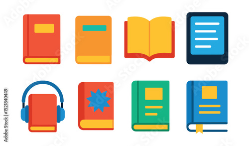 Flat vector icons of book types: hardcover book, paperback novel, open book, e-book tablet, audio book headphones, comic book, textbook, library book.