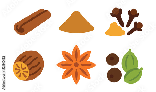 Flat vector icons of spices used in baking: cinnamon stick, ground cinnamon, ground ginger, clove buds, nutmeg, star anise, allspice berries, cardamom pods.