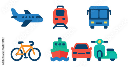 Flat vector icons of travel transportation: airplane, train, taxi, bus, bike, ferry, rental car, scooter.