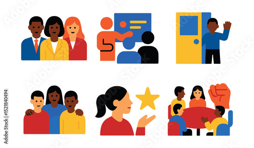 Flat vector icons of inclusive leadership: diverse leaders, mentoring, coaching, open door policy, inclusive decision-making, team support, recognition, empowerment.