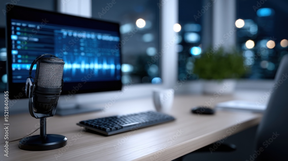 Fototapeta premium Podcast Microphone and Headphones on Desk at Night, Showcasing Audio Production and Digital Communication, Perfect for Corporate Training and Online Learning : Generative AI