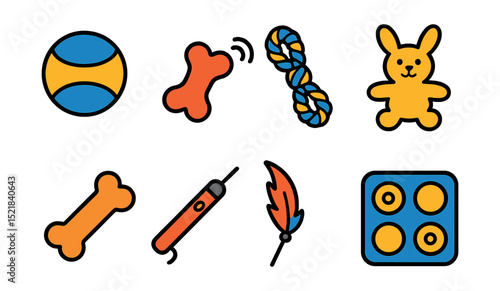 Flat vector icons of pet toys: rubber ball, squeaky toy, rope tug toy, plush animal, chew bone, laser pointer, feather wand, treat puzzle.