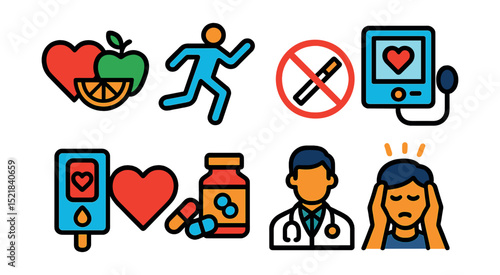 Flat vector icons of heart disease prevention: healthy diet, exercise, no smoking, blood pressure monitor, cholesterol test, medication, doctor visit, stress relief.