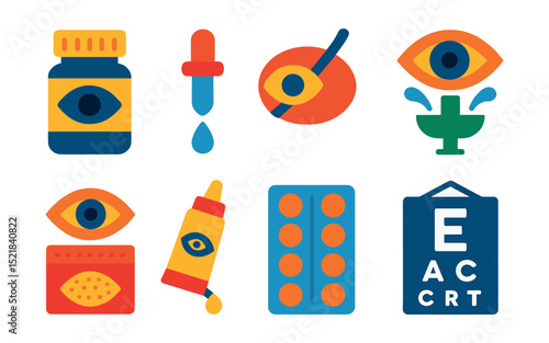 Flat vector icons of eye medication: prescription bottle, dropper, eye patch, eye wash station, allergy relief, eye ointment, medicine blister, eye exam chart.