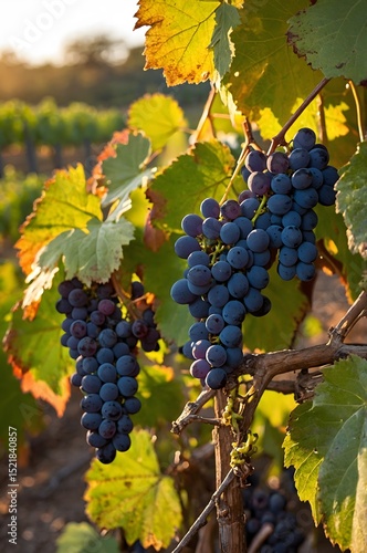 Wallpaper Mural Close-up of purple grapes hanging from vine leaves during sunset Torontodigital.ca