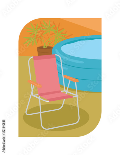 Tropical staycation illustration. Beach chair and inflatable pool vector.