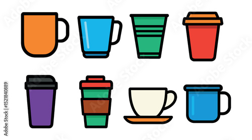 Flat vector icons of cup materials: ceramic, glass, plastic, paper, stainless steel, bamboo, porcelain, enamel.