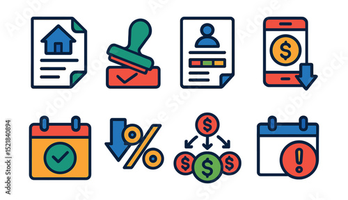 Flat vector icons of loans and debts: mortgage contract, loan approval stamp, credit report, debt balance, payment calendar, interest rate percent, debt consolidation, late payment warning.