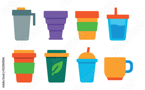Flat vector icons of reusable cups: stainless steel travel mug, silicone collapsible cup, bamboo cup, glass tumbler, insulated cup, eco-friendly cup, plastic reusable cup, ceramic reusable cup.