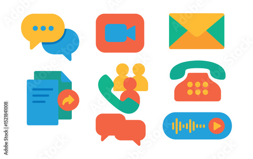 Flat vector icons of communication tools: chat bubbles, video call, email, conference phone, shared documents, notification bell, comment thread, voice message.