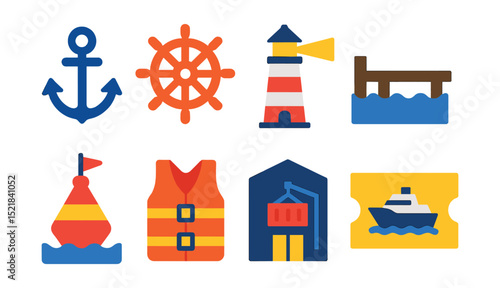 Flat vector icons of maritime travel items: anchor, ship wheel, lighthouse, dock, harbor buoy, life vest, port terminal, ferry ticket.