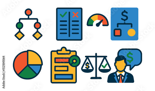 Flat vector icons of financial decision making: decision tree, pros and cons list, risk meter, financial plan flowchart, budget allocation pie, goal prioritization, cost-benefit analysis, financial