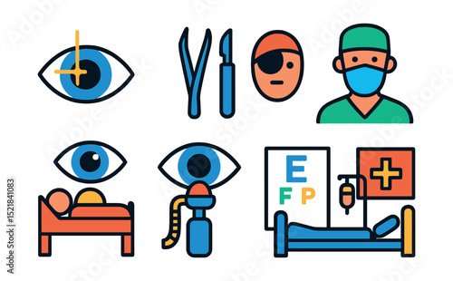 Flat vector icons of eye surgery: laser eye surgery, surgical tools, eye patch, surgeon, recovery, anesthesia, eye chart, hospital room.
