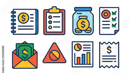 Flat vector icons of money management habits: budgeting notebook, daily expense tracker, savings jar, financial goal checklist, cash envelope system, spending limit warning, monthly summary, expense