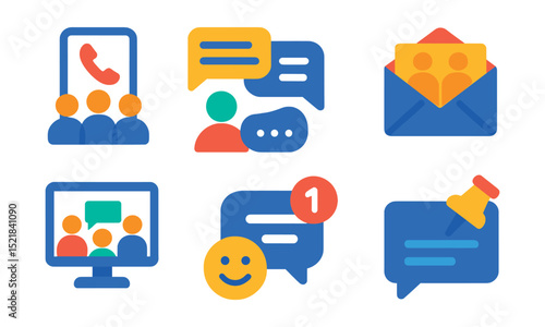 Flat vector icons of group communication: conference call, group chat, voice message, email thread, video meeting, notification, emoji reactions, message pin.
