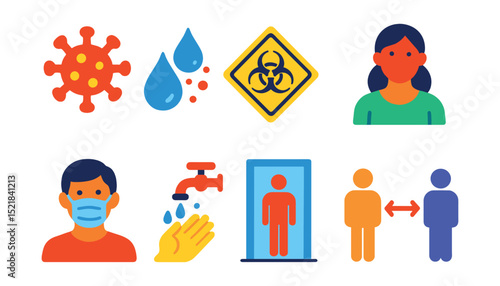 Flat vector icons of chickenpox contagiousness: virus particle, airborne droplets, quarantine sign, hygiene practices, mask wearing, hand washing, isolation room, social distance.