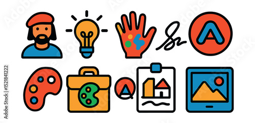 Flat vector icons of artistic identity: artist avatar, creative badge, paint-splattered hand, signature, personal logo, art portfolio, project sketch, digital gallery icon.