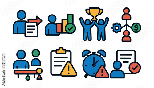 Flat vector icons of team workflows: task assignment, progress tracking, milestone completion, resource allocation, timeline, priority setting, deadline alert, task review.