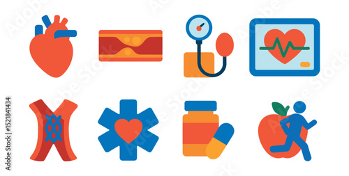 Flat vector icons of cardiovascular diseases: heart, clogged artery, blood pressure cuff, heart monitor, stent, emergency care, medication, healthy lifestyle.