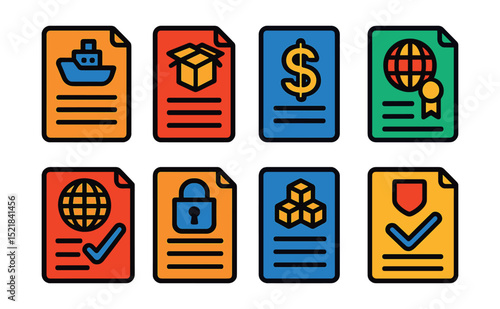 Flat vector icons of trade documentation: bill of lading, packing list, commercial invoice, certificate of origin, export license, import permit, shipping manifest, customs declaration.