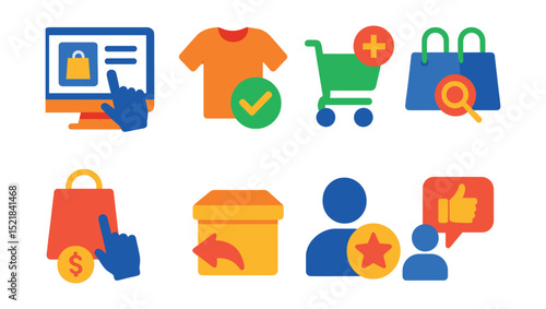 Flat vector icons of shopping behavior: browsing, selecting, adding to cart, comparing, purchasing, returning, reviewing, recommending.