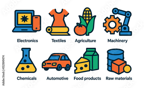 Flat vector icons of trade export goods: electronics, textiles, agriculture, machinery, chemicals, automotive, food products, raw materials.