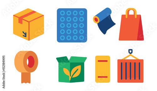 Flat vector icons of packaging materials: cardboard box, bubble wrap, plastic wrap, paper bag, tape, label, eco packaging, shipping container.